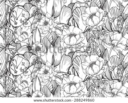 Vector seamless pattern with graphic spring flowers (tulips and trollius) in vintage style.