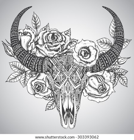 Decorative Indian bull skull in tattoo tribal style with flowers roses and leaves. Hand drawn vector illustration