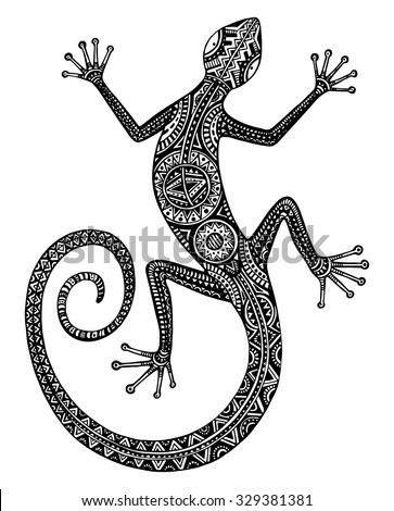 Vector hand drawn monochrome lizard or salamander with ethnic tribal patterns. Beauty reptile decoration with ornament for tattoo design