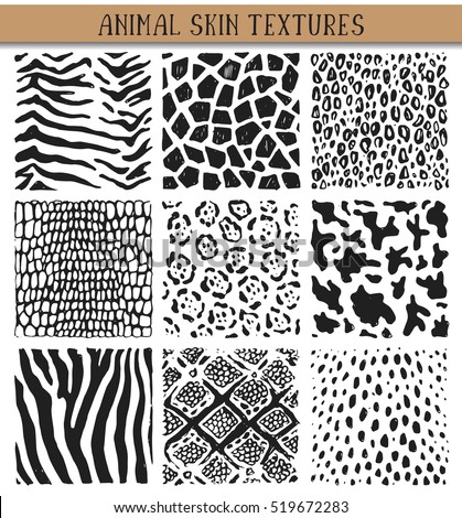 Set of nine hand drawn ink abstract textures. Vector backgrounds of simple primitive scratchy animal skin patterns.