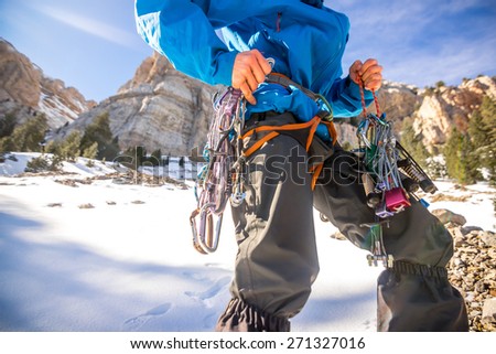 Image of the technical material used for mountaineering and ice climbing. Shot in the Pyrenees, Spain.