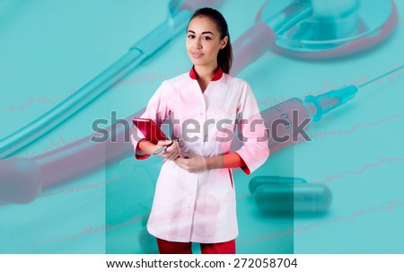 Beautiful woman doctor holding a hand shoes on turquoise background medical