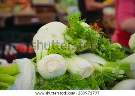 Tray with fresh fennel on the market.