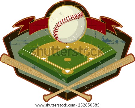 Retro Baseball Shield with Field and Bats A vintage crest design. Find more weathered sports designs in my portfolio