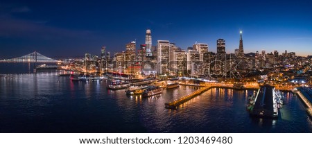 Aerial Panoramic Cityscape View of San Francisco at Dusk with Holiday City Lights, California, USA