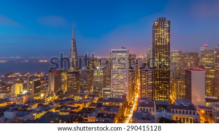 San Francisco skyline and city lights at dusk, California, USA