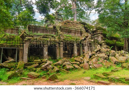 Ta Prohm, part of Khmer temple complex, Asia. Siem Reap, Cambodia. Ancient Khmer architecture in jungle