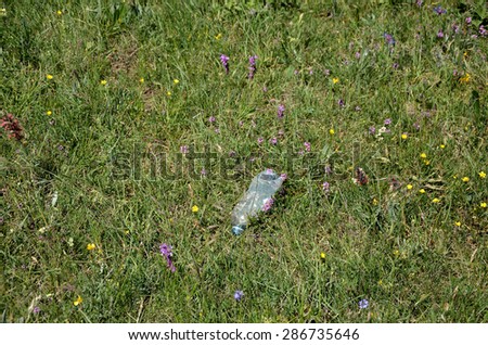 Used plastic bottle dropped on green meadow
