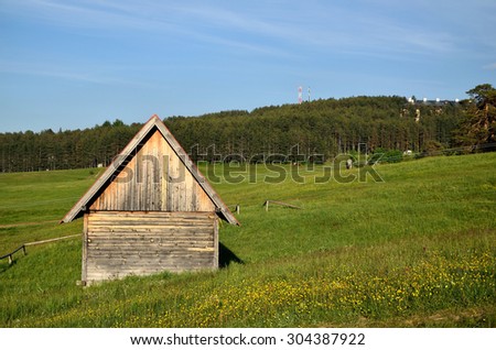 Shepard\'s cabin on green mountain field with conifer trees in background
