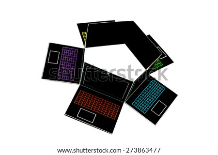 Five black laptops with colored keyboards. Isolated on white background. Reworked photo.