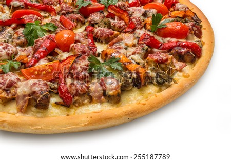 Part of meet pizza with vegetables and cheese