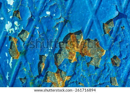 Old cracked paint pattern on rusty background. Peeling paint. Pattern of blue grunge material. Damaged paint. Scratched old plate