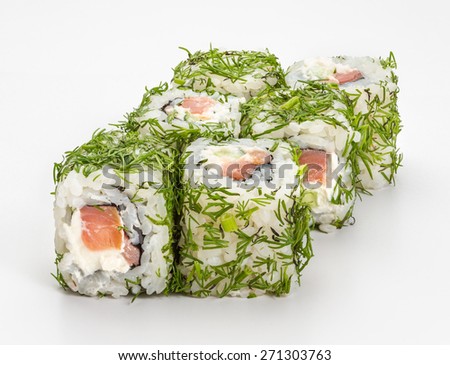 Japanese sushi and rolls Canada-green with vegetables, cheese, seafood, dill isolated on a white background.