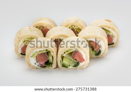 Japanese Cuisine - Sushi and Rolls with Seafood, Vegetables, Cream Cheese, isolated on a white background