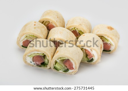 Japanese Cuisine - Sushi and Rolls with Seafood, Vegetables, Cream Cheese, isolated on a white background