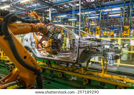 TOGLIATTI, RUSSIA - JUNE 09: Body Shop B0 Line. Robots welding in a car factory. Welding car body of LADA Cars in Automobile Factory AVTOVAZ on June 09, 2015 in Togliatti