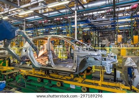 TOGLIATTI, RUSSIA - JUNE 09: Body Shop B0 Line. Robots welding in a car factory. Welding car body of LADA Cars in Automobile Factory AVTOVAZ on June 09, 2015 in Togliatti
