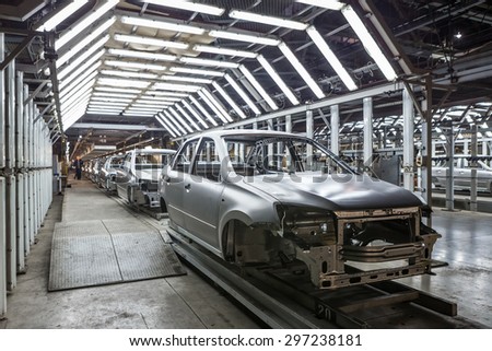 TOGLIATTI, RUSSIA - DECEMBER 05: Body Shop welding in a car factory. Welding car body of LADA Cars in Automobile Factory AVTOVAZ on December 05, 2013 in Togliatti