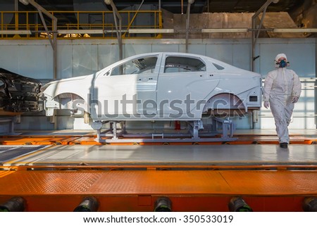Izhevsk, Udmurtia, Russia - February 06: Car Assembly Line of LADA Vesta in Automobile Factory IZHAVTO - AVTOVAZ, on February 06, 2015 in Izhevsk