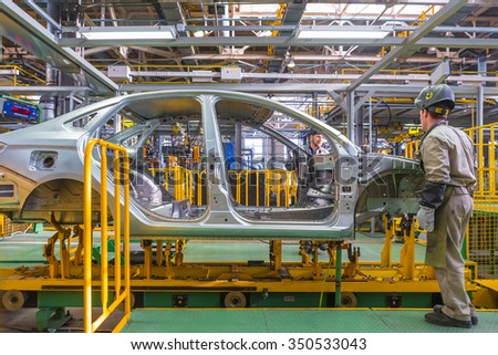 Izhevsk, Udmurtia, Russia - February 06: Car Assembly Line of LADA Vesta in Automobile Factory IZHAVTO - AVTOVAZ, on February 06, 2015 in Izhevsk
