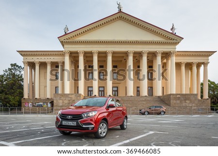 Sochi, Russia January 24, 2016: New Russian Cars LADA XRAY. Test Drive on January 24, 2016 in Sochi, Krasnaya Polyana, Rosa Khutor, Russia