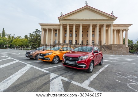 Sochi, Russia January 24, 2016: New Russian Cars LADA XRAY. Test Drive on January 24, 2016 in Sochi, Krasnaya Polyana, Rosa Khutor, Russia