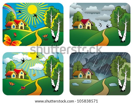 Set of different weather landscapes: sunny, cloudy, overcast and rainy, vector illustration