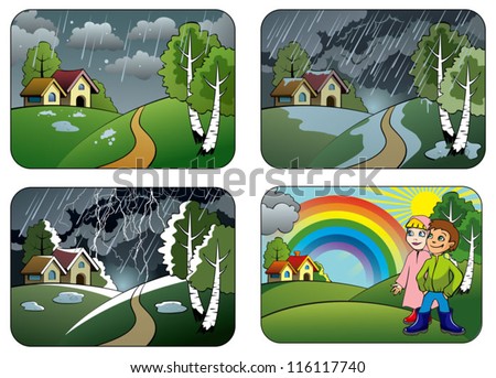 Set of different weather conditions: hail, downpour, thunderstorm and rainbow, vector illustration