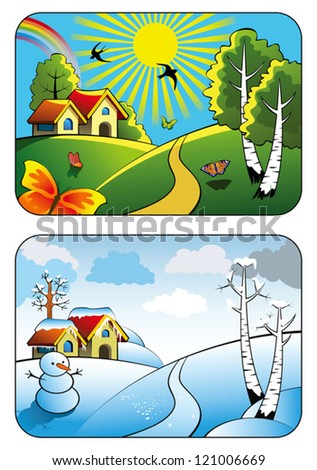 Two season, rural landscape in summer and in winter, vector illustration