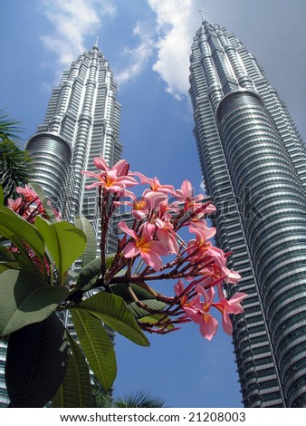 Petronas Twin Towers with flowers in the foreground, Kuala Lumpur, Malaysia