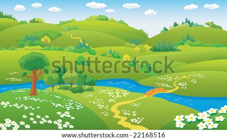 Summer Landscape, hills and the river on the plain, vector illustration