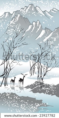 Four seasons: winter, hand-drawing picture in Chinese traditional painting style, vector illustration