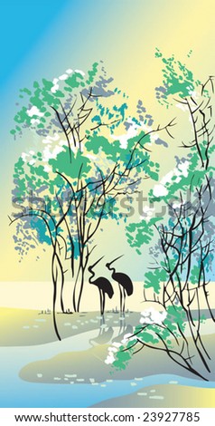 Four seasons: summer, hand-drawing picture in Chinese traditional painting style, vector