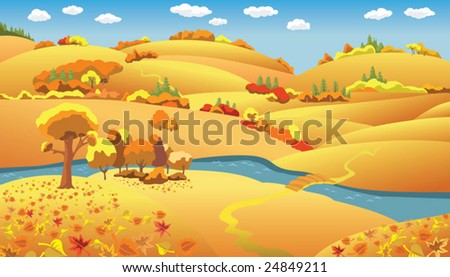 Autumn Landscape, trees and hills and the river on the plain, vector illustration
