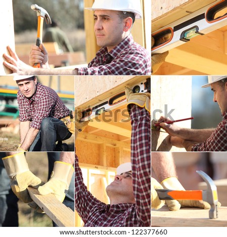 Montage of carpenter working on wooden house