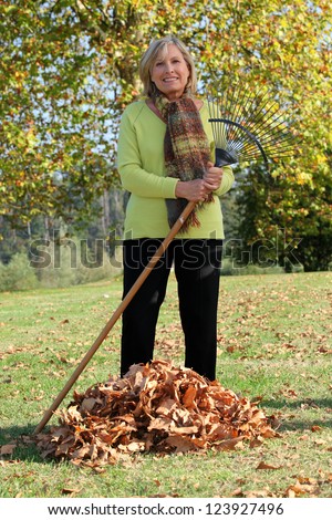 Woman raking up the autumn leaves