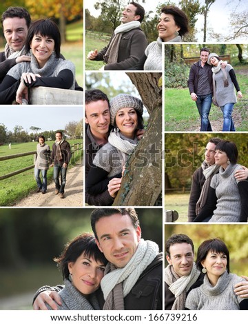 Montage of married couple walking through the park in autumn