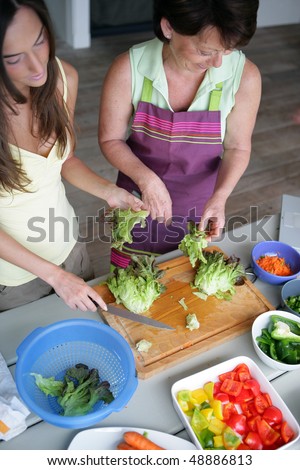 Mother and daughter cooking at home