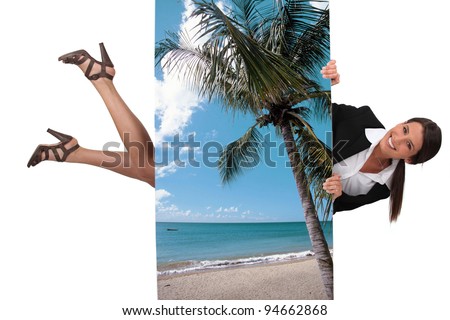 cute female travel agent flying under poster of beautiful island