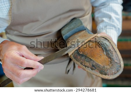 Cobbler mending sole of shoe