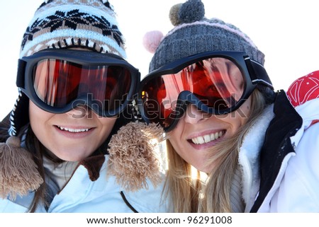 Two female friends in ski clothing