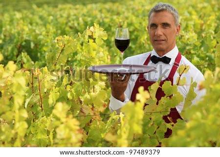 Waiter in field with glass of wine