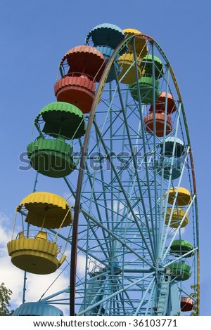 Wheel of review in the park on blue sky background