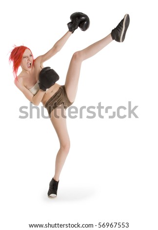 Red-hair girl kick boxer kicked in anger shouting
