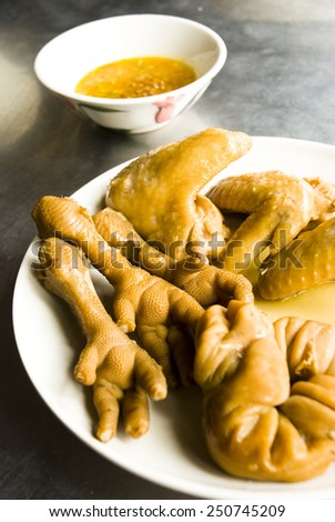 Isolated Chinese dishes, braised chicken feet and Chinese pigÃ?Â´s intestines