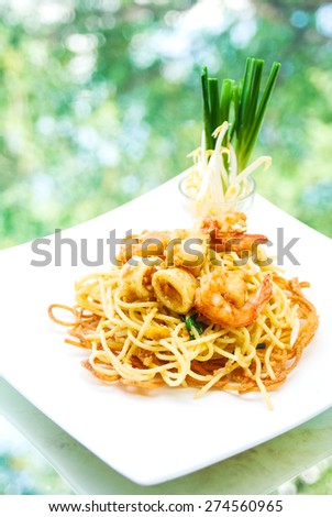 Pad Thai, stir-fried  noodles with shrimp , is one of Thailand\'s national main dish/ Thai fusion food .Famous dish of tThailand