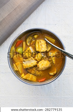 Mullet fish curry .Spicy  soup with fish and mixed veggies.Thai tradition food.