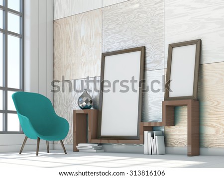 mock up poster frames in interior background with armchair. 3d illustration