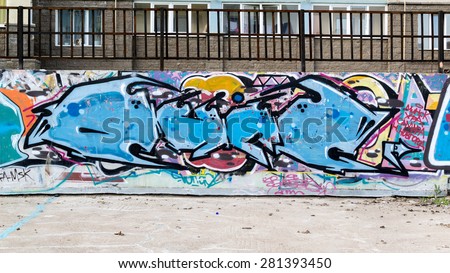 UFA/BASHKORTOSTAN - RUSSIA 24th May 2015 - Bright urban street art on a brick wall