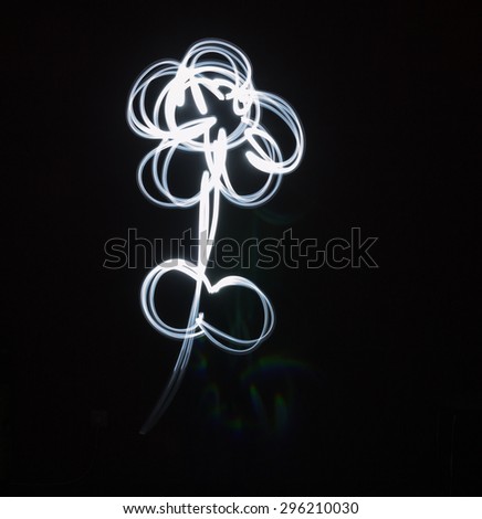 Single large flower painted in white light in the darkness